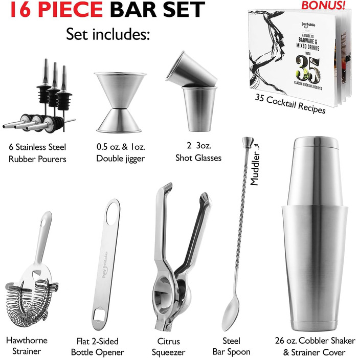JoyTable 16-Piece Cocktail Bar Set with Citrus Press & Recipe Book - Professional Bartender Kit