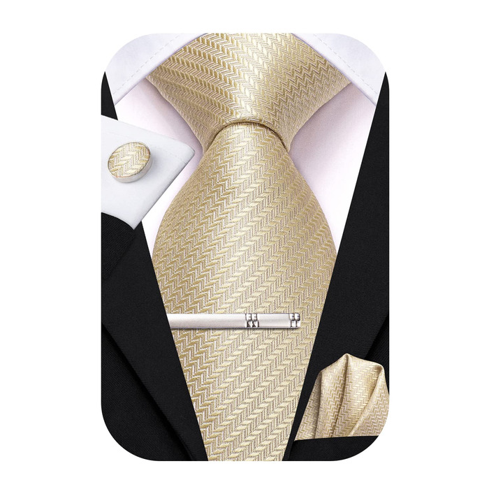 Комплект чоловічих краваток Hi-Tie Classic (4 шт.): краватка, нагрудна хустка, затискачі для запонок, зажим для краватки, шовк, однотонні та з візерунком пейслі, шампань
