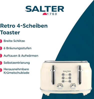 Тостер Salter Retro 4-х секційний, 1,7 л, 3 кВт, кремовий колір, з фільтром від накипу, бездротовий, з індикатором рівня води та процесу приготування, захист від пересихання та автовимкнення