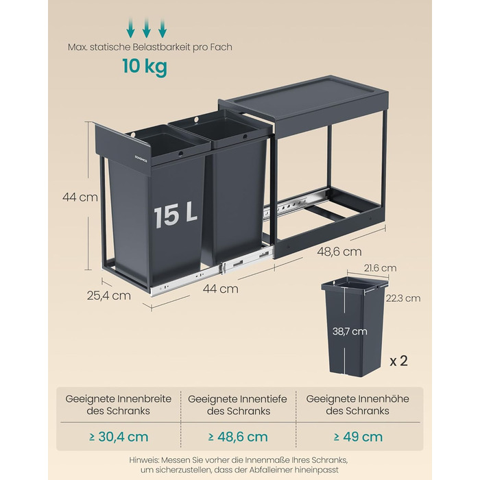 Відро для сміття SONGMICS для кухні з роздільним контейнером, 2 відсіки по 15 л, висувний, сталевий каркас, ABS-кришка (сірий)