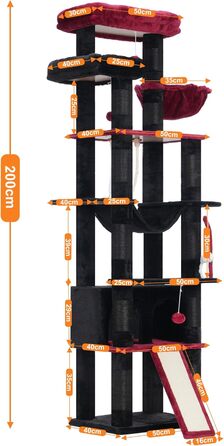 Багатоповерховий котячий будиночок Heybly HCT033G (Чорний + Червоний): 11 стовпчиків, платформа, гамак, печера, іграшки