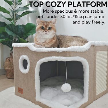Spindro Cat Cave Cat Bed Large, Cat House Indoor Cat Sleeping Place with Removable Sherpa Cat Cushion and Hanging Toy, Cat Bed, Light Grey 42x42x33cm (2 level (42cmx42cmx33cm), Khaki)