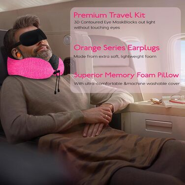 Подушка для шиї у літак - подушка для подорожей 100% Memory Foam - портативна подушка для літака - з 3D-маскою для сну та берушами - ідеальна для крісла літака, авто, дому, офісу, подушка для сну (Рожева)