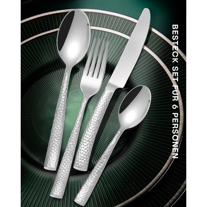 HONKKU 30-Piece Flatware Set, 6 People, Thickened Stainless Steel Cutlery Set with Hammered Handle, Eating Cutlery Set with Knife, Fork, Spoon, Mirror Polished, Dishwasher Safe