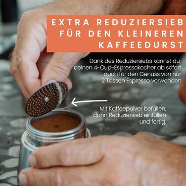 Espresso Maker | High-Quality Espresso Maker Suitable for Induction, Made from High-Quality Stainless Steel | Moka Pot for Coffee Lovers (4 Cups + Reducer Filter)