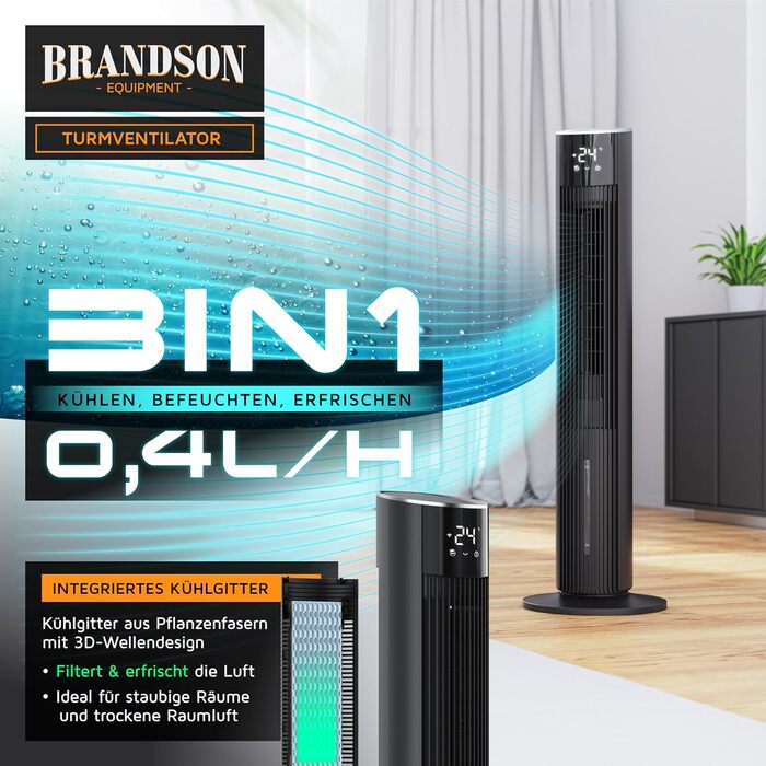 Вентилятор вежа Brandson ECO GREEN з водяним охолодженням, WiFi, керуванням Alexa – мобільний кондиціонер, чорний матовий