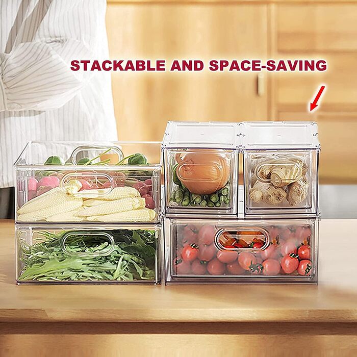 Refrigerator Organizer Drawer Set with Handle, 3-Piece Stackable Kitchen Storage Boxes with Pull-Out Drawer & Lid for Vegetables, Berries, Meat | PET Plastic Food Storage Containers