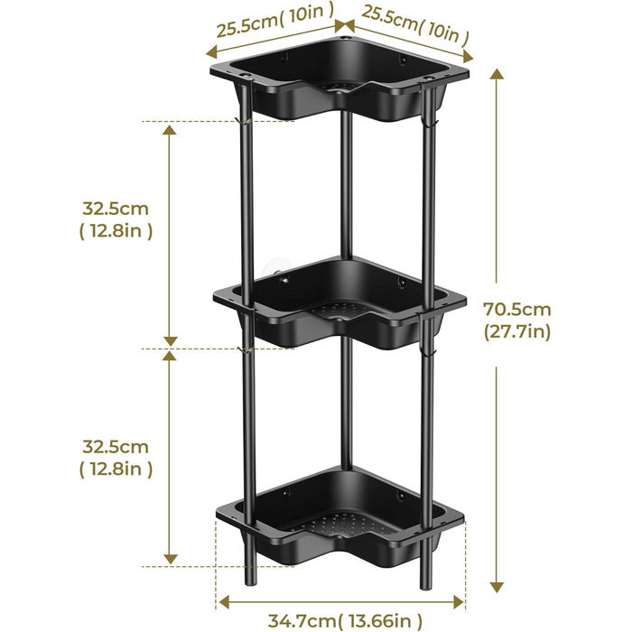 Orimade 4-Piece Shower Caddy Standing Stainless Steel, Corner Shower Shelf Freestanding with 4 Hooks, Plastic-Metal Combination Shower Baskets Floor Standing for Bathroom, 10 x 10 x 44.6 inches Black