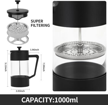 Френч-прес для кави 1000 мл, з нержавіючою сталлю, для приготування кави та чаю, з неслизькими ручками, для подорожей та як подарунок (Чорний)