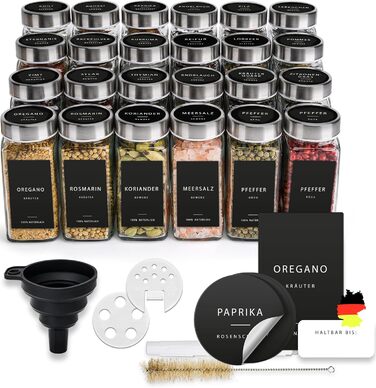 Square Spice Jars [24 x 120 ml] Spice Containers with 301 Labels, Stainless Steel Lids | Spice Jar Set | Spice Storage, Spice Glass, Spice Organizer, Shaker Insert