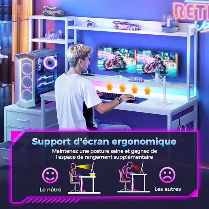 Ігровий стіл з шухлядами, полицею, розетками та LED-підсвіткою, 137x48 см