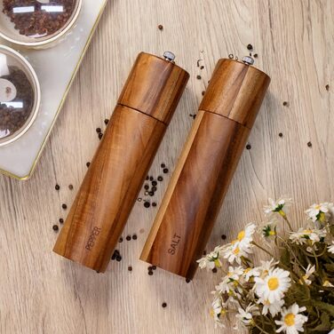 Набір з 2 дерев'яних мельниць для солі та перцю, ручні, 20 см, з регульованим керамічним жорном, для солі та перцю, у подарунковій коробці