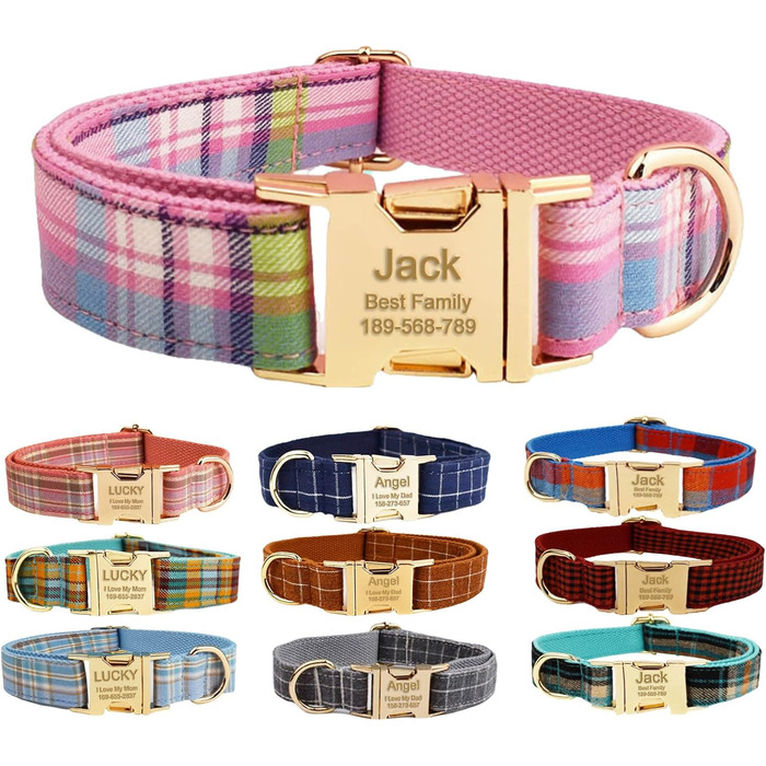 Нашийник для собак з металевою застібкою, двосторонній, з іменем та номером телефону, регульований розмір, M та L (Тартан)