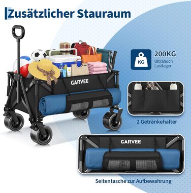 Візок-теліжка складний GarveeLife XXL 200L, 200 кг, гальма, колеса 20 см для пляжу, кемпінгу, саду, чорний