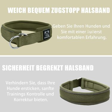 Нашийник для собак з м'якого неопрену (4 см ширина), світловідбиваючий, з міцного нейлону та стопором, зручний, для дресирування, проти потягування, розмір L (армійний зелений, обхват шиї 45-56 см)