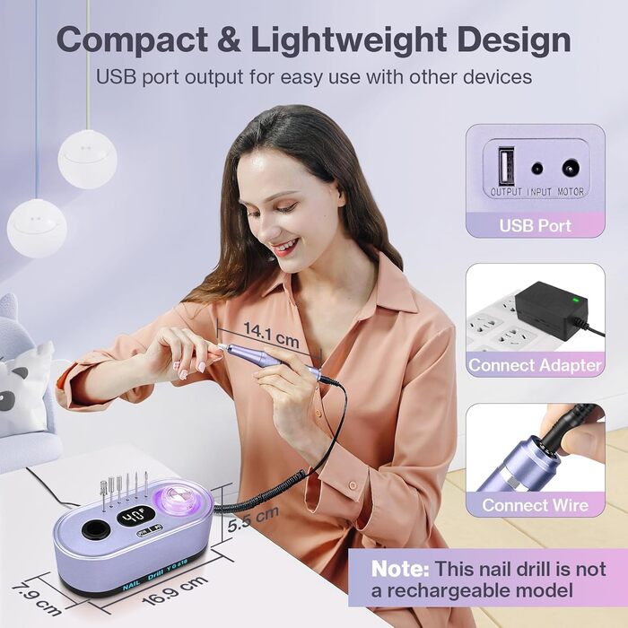 Електрична нігтьова фрезерна машинка для манікюру та педикюру, 40000 об/хв, LCD дисплей, професійний набір, фіолетовий