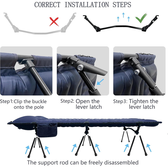 Розкладне ліжко-спальник туристичне, ультралегке, 160кг, блакитне. З алюмінієвою конструкцією та антирипстоп тканиною для кемпінгу, відпочинку на природі, вдома та на пляжі