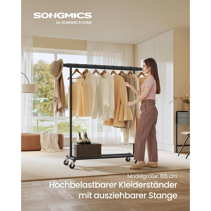 SONGMICS Clothes Rack with Wheels, Heavy-Duty Garment Rack, Extendable Clothes Rod, Load Capacity up to 100 kg, Easy Assembly, Portable, Black HSR13BKV1