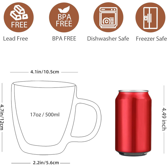 CNGLASS Double-Walled Macchiato Glasses 500ml/17oz, Large Insulated Coffee Cups Glass 2-Pack, Clear Coffee Glasses with Handles for Hot and Cold Drinks