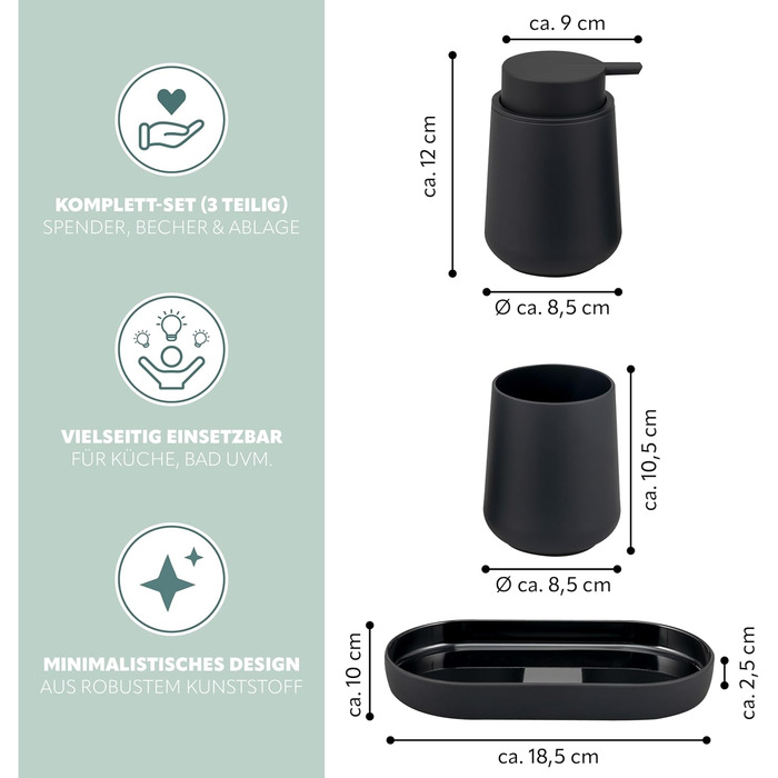 Набір аксесуарів для ванної кімнати Eluno Tesero, 3 шт. (дозатор мила, стакан, миска), чорний пластик
