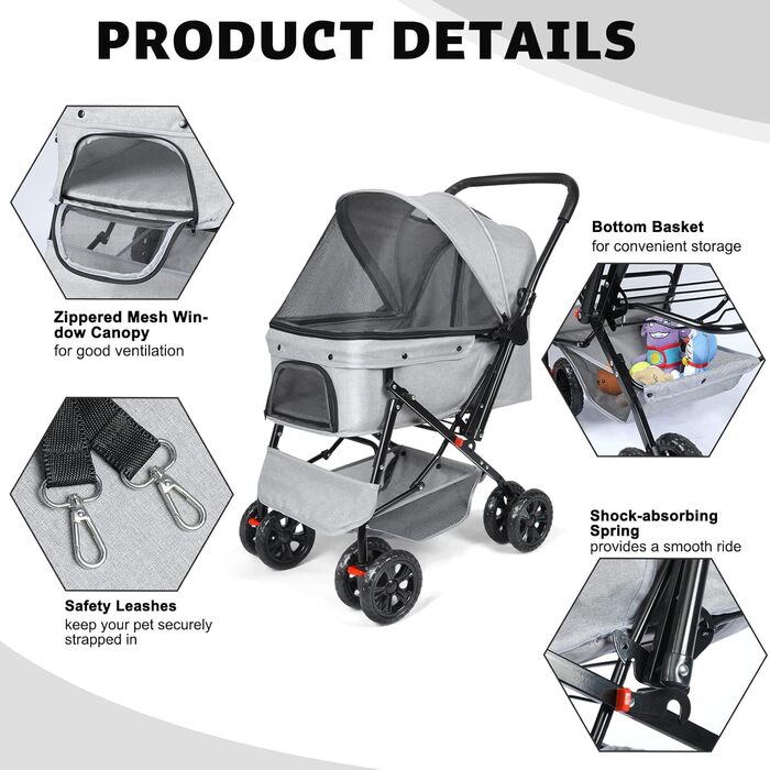 Візок для собак Wedyvko до 20 кг, 4 колеса, складний, для маленьких та середніх собак та котів, з кошиком для зберігання та тримачем для напоїв (сірий)