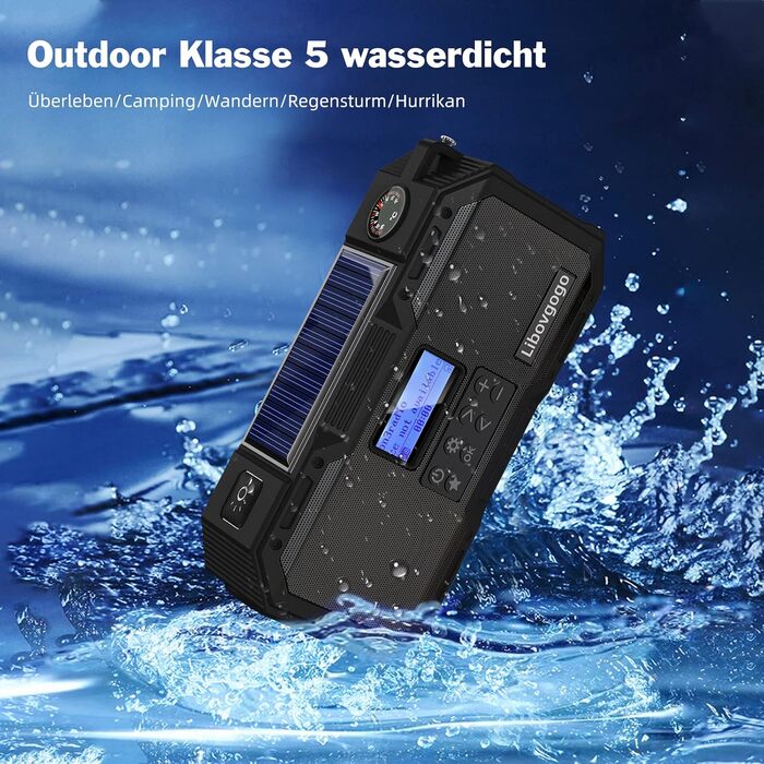 Портативне радіо Libovgogo DF-588D DAB+ FM з Bluetooth, водонепроникний корпус, сонячна панель, Powerbank 4000mAh, ліхтарик, стробоскоп, нічник, будильник