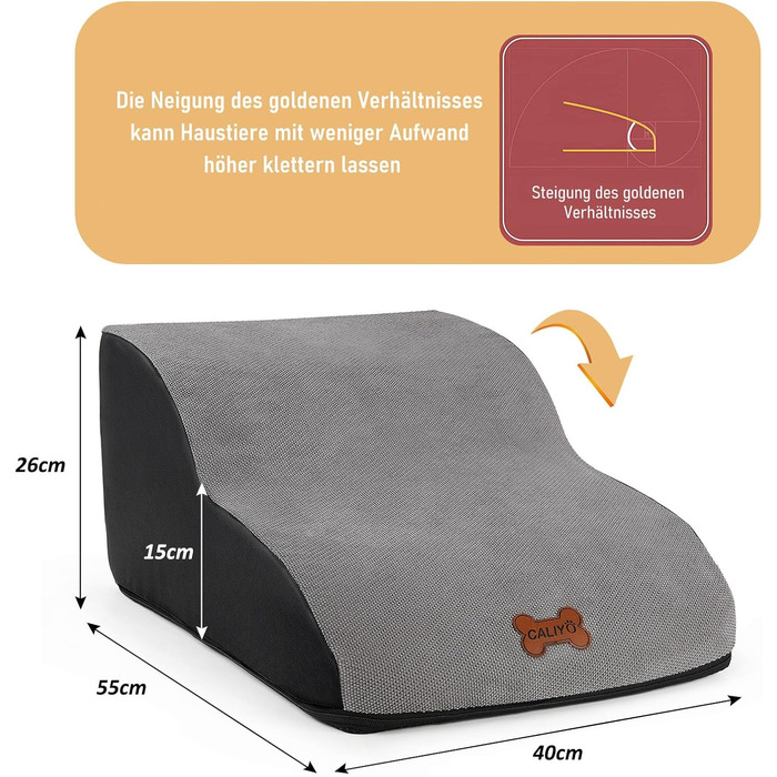Сходинки для собак Caliyo, 3 сходинки, для маленьких собак та котів, 40 см заввишки, знімний та миючий чохол, протиковзна підставка, для ліжка, дивану та авто (60×40×40 см), сірі