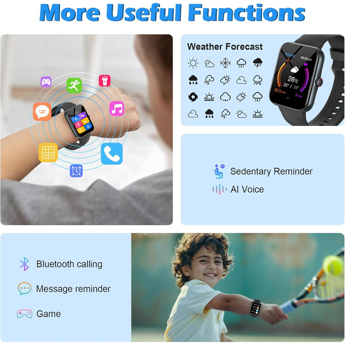 Дитячий розумний годинник Kinder Sport Fitness для дівчаток та хлопчиків з крокомером, 100+ спортивних режимів, будильником, іграми, секундоміром, повідомленнями, активним трекером для підлітків 5-16 років, чорний