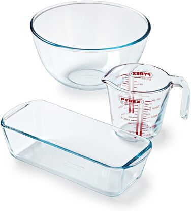 Pyrex 3-Piece Baking Set – 1 x 0.5 L Measuring Cup + 1 x 2 L Mixing Bowl + Cake Pan – Borosilicate Glass – Scratch-Resistant