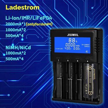 Зарядний пристрій JIUWIIL для акумуляторів 18650, 26650, Li-ion, LiFePO4 з LCD-дисплеєм - 4 слоти, швидка зарядка