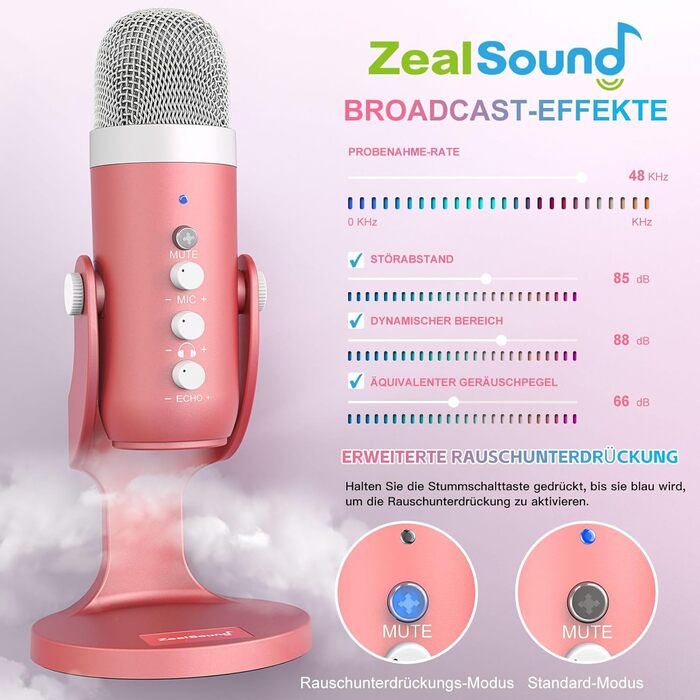 Zealsound USB мікрофон K66 Pearly White (Рожевий) з шумозаглушенням для ПК, Mac, iPhone, Android, PS4/PS5: для стрімінгу, геймінгу, ASMR, YouTube, вокалу, Twitch