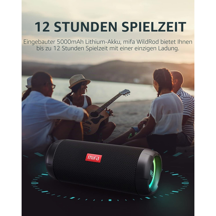 MIFA WildRod Bluetooth колонка 30W, IP67, RGB підсвітка, USB-C, чорна