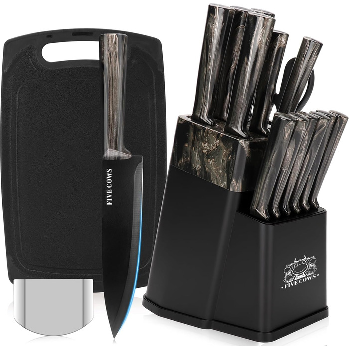 Набір кухонних ножів Messerblock з 16 предметів, з дощечкою, захистом пальців, точилкою та кухонними ножицями, професійний набір для дому (зелений, чорний)