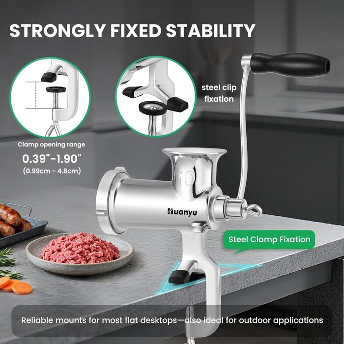 М'ясорубка ручна Huanyu з нержавіючої сталі та насадкою для ковбас, 10 розмір, посудомийна