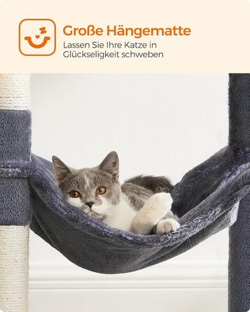 Дім-кігтеточка для котів Feandrea, 143 см, багатоярусний, з 4 кігтеточками, 2 платформами, гамаком, печерею, сірий, PCT161G01 L (55 x 45 x 143 см)