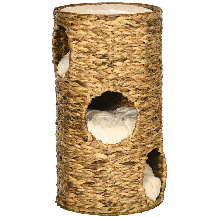 PawHut Cat Tree 73cm 3-Tier with Water Hyacinth and Steel Cushions, Light Brown for Cat Lovers