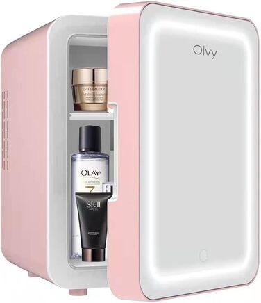 Olvy Skincare Fridge - 4 Liter Mini Fridge with LED Mirror - Portable Beauty Fridge, Cooling & Heating for Room Use (Pink)