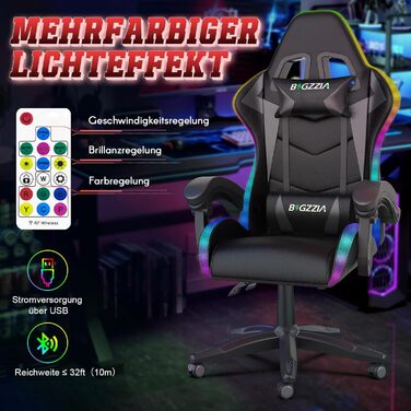 Ігровий стілець Racingreat RGB з підсвічуванням, підголівником та підтримкою попереку, регульований кут нахилу, для дітей та дорослих, чорний