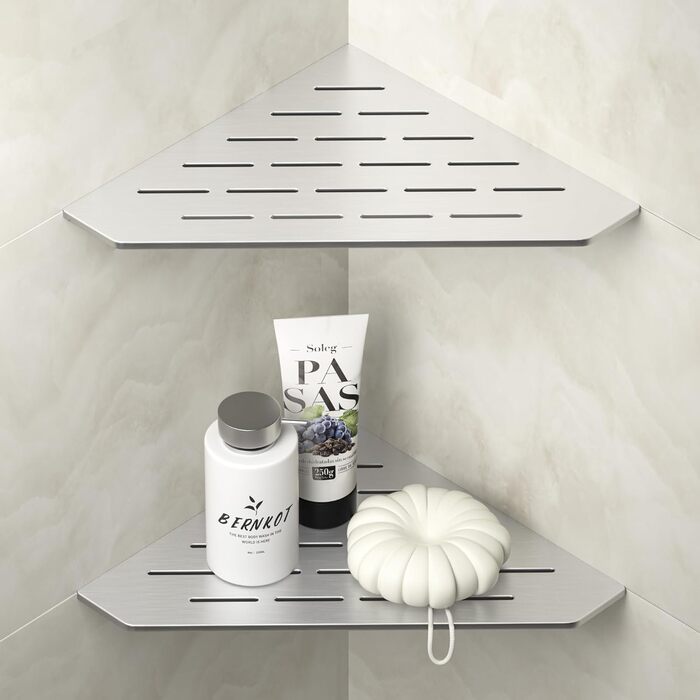 Bernkot Corner Shower Shelf 254mm Matt Black 304 Stainless Steel Pentagonal Corner Shelf Recessed Bathroom Storage Shampoo Holder Organizer Kitchen Shelf Rack, No Drilling, Silver Brushed, 2 Pieces
