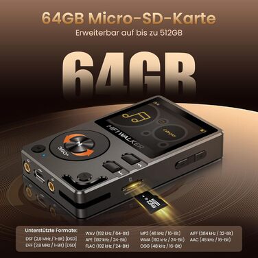 HIFI WALKER H2 MP3 плеєр з Bluetooth 5.2, DSD DAC Hi-Res FLAC плеєр, 64GB пам'яті, розширюваний до 512GB