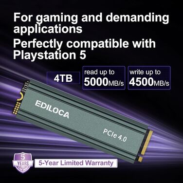 SSD NVMe M.2 4TB PCIe Gen4 з радіатором для PS5, ноутбука та ПК - 7400 MB/s, 3D NAND TLC