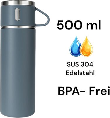 Термофляга 500 мл з нержавіючої сталі – 2 чашки з ручкою – не протікає, BPA-free – з щіткою для чищення – сірий колір