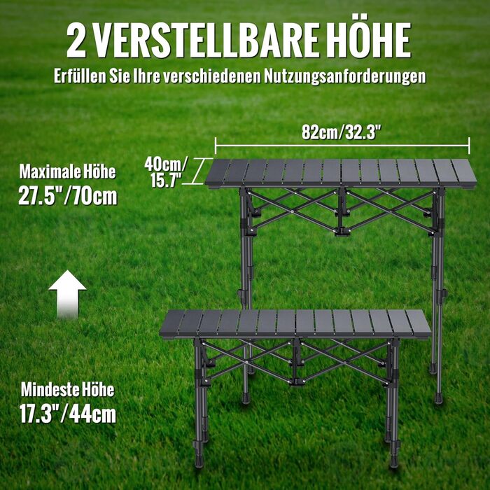 Складаний туристичний стіл Garllen 82x40 см, 2 рівня висоти (44/70 см), з розкатною стільницею, сталевий, для пікніка, грилю, саду, з сумкою