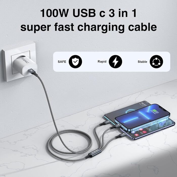 Кабель USB-C на 3 роз'єми 100W (1.2м) з E-Mark чіпом для Galaxy, iPad, MacBook, iPhone (сірий)