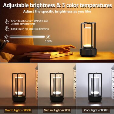 LED настільна лампа Hapfish бездротова, акумуляторна, 3000mAh, USB, з кришталем, водонепроникна, з ручкою, регульована яскравість, для ресторану, вулиці, спальні, вітальні (чорна)