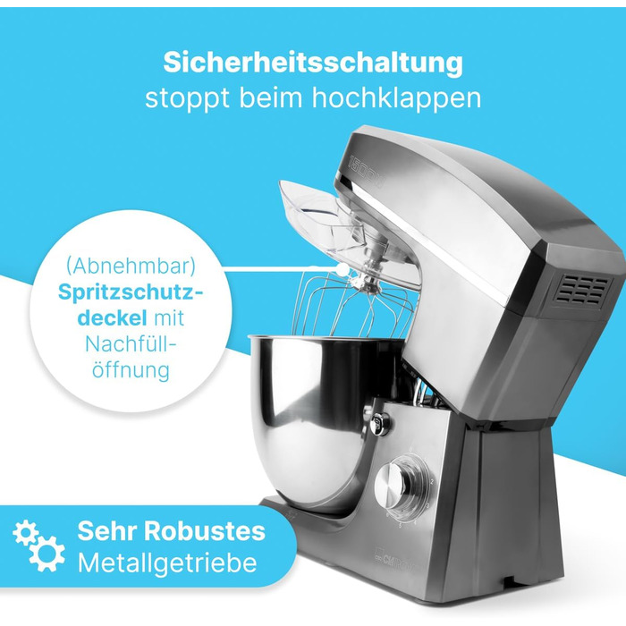 Планетарний міксер Clatronic KM 3765 XXL для випічки, чаша 10л, 1500Вт, тістомішалка з насадками та захистом від бризок (Титан)
