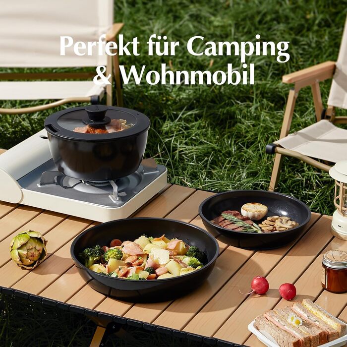 Набір посуду Redchef 16 предметів: каструлі та сковорідки з антипригарним покриттям, знімні ручки, для всіх типів плит, сумісний з духовкою, чорний