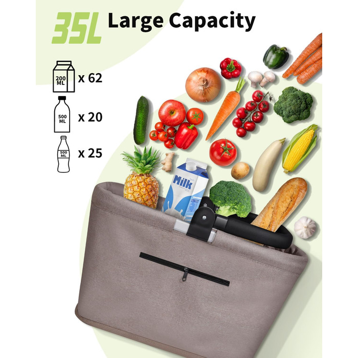 Складаний кошик для покупок 35L з 2 стійками, стабільний сімейний кошик з алюмінієвою ручкою, водонепроникний кошик для пікніка, практичний кошик для перенесення, великий для подорожей, кемпінгу, покупок, подарунка - Хакі