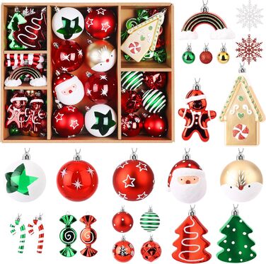 Набір прикрас на ялинку Alupssuc 65 шт. - ялинкові кулі, 4-14 см, пластик, для ялинки, святкування, вечірки, білий, золотий, червоний та зелений