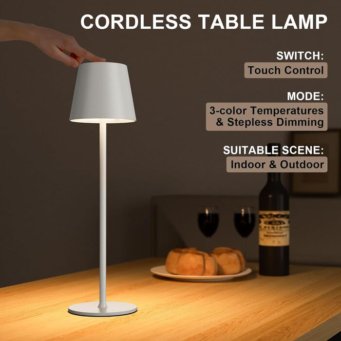 Акумуляторна настільна LED лампа бездротова з USB-C зарядкою, регульована яскравість, 3 режими світла, сенсорна лампа для дому, спальні, кемпінгу (біла)